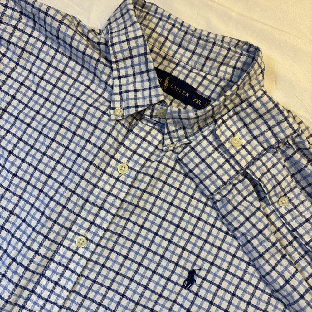 Ralph Lauren Men Size XXL Big Blue Check Cotton Long Sleeve  Shirt Pony Logo
